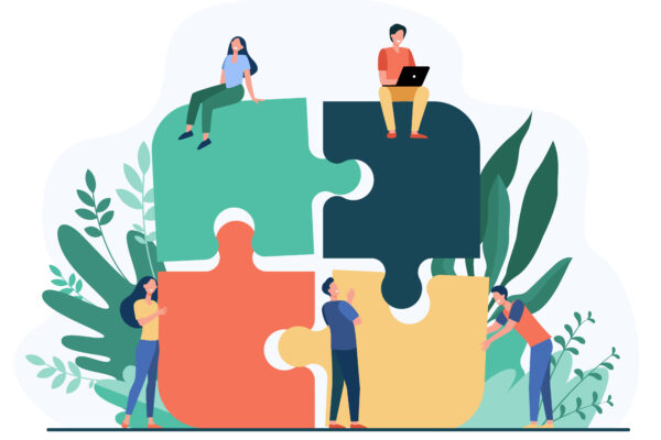 Business team putting together jigsaw puzzle isolated flat vector illustration. Cartoon partners working in connection. Teamwork, partnership and cooperation concept
